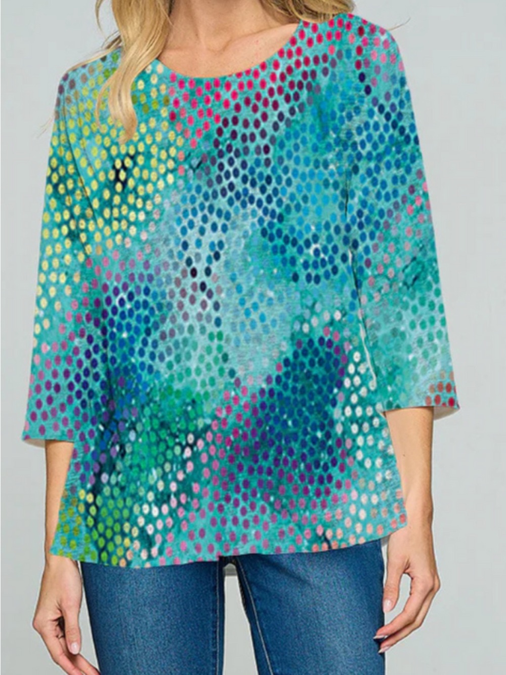 Et Lois Fiona Multicolor Polka Dot Pattern Soft Knit Top 3/4 Sleeves size Small
